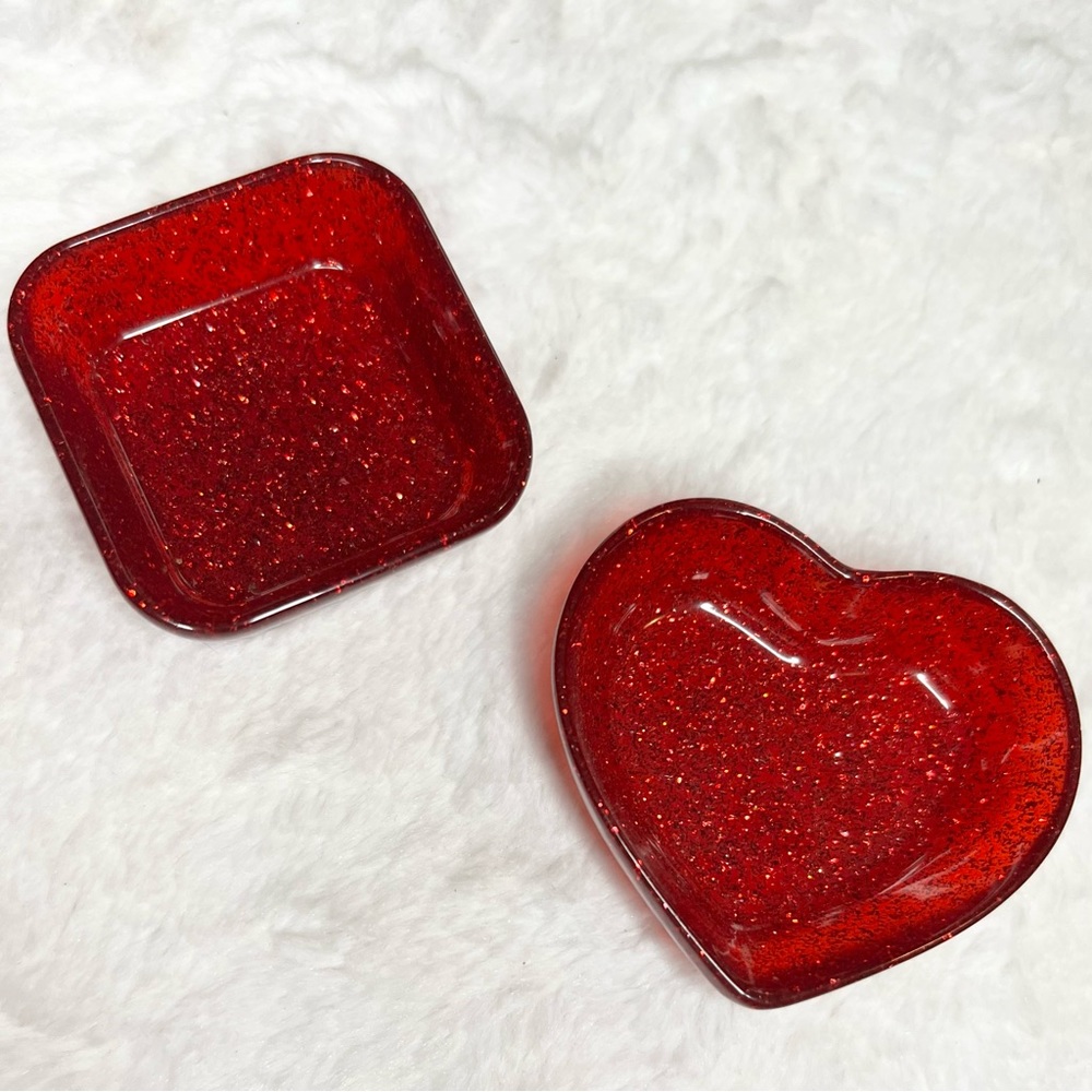 Hand Crafted Red Glitter Heart Ring Dish & Jewelry Tray. Gift Set of 2